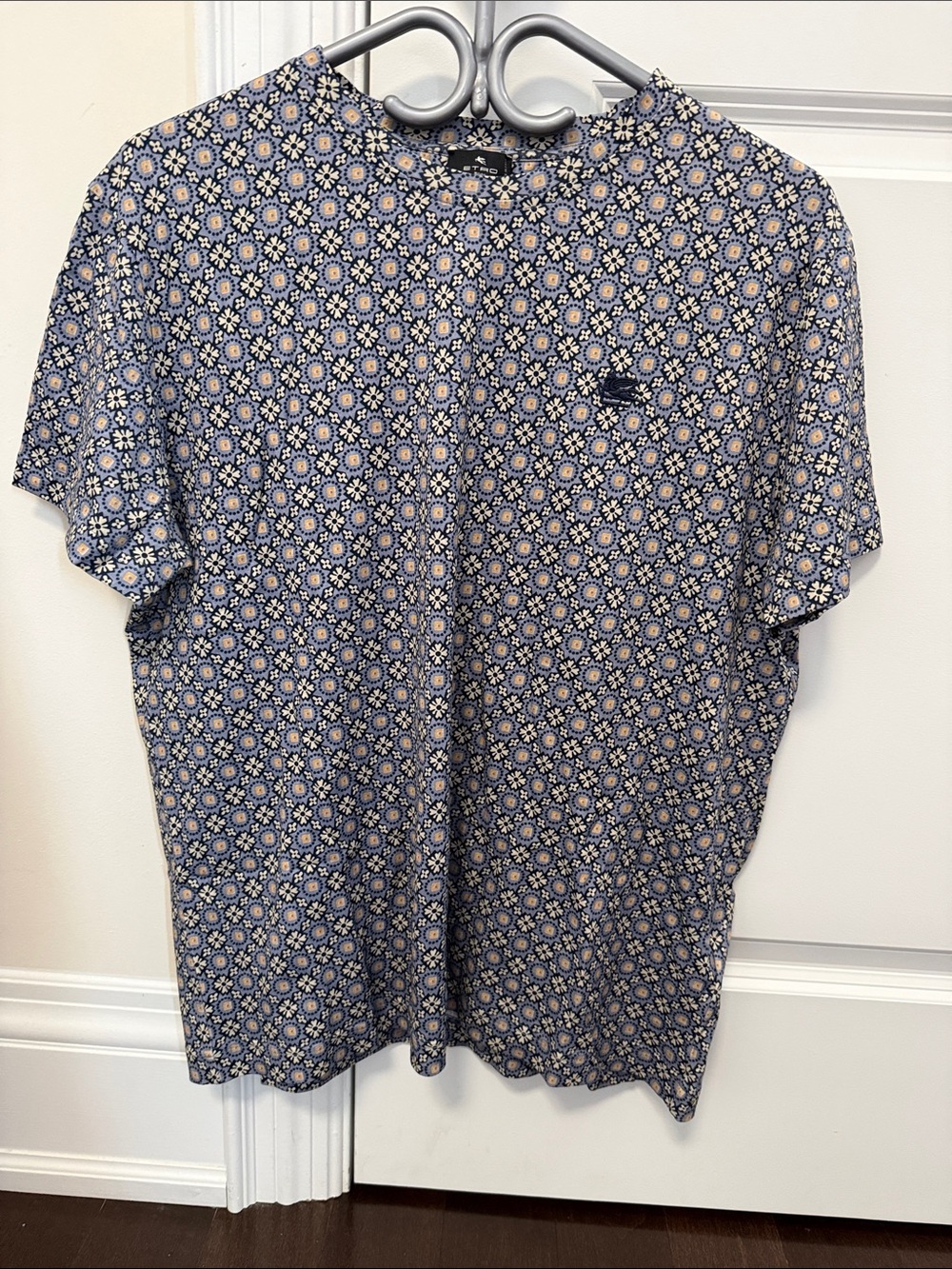 Etro Navy and Cream Floral Geometric Short-Sleeve Shirt